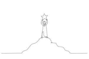 Illustration of arab businessman standing at top of hill and touching bright star from the sky. Single continuous line art style vector