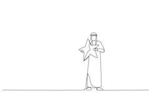 Drawing of arab businessman hugging big star. Metaphor for good review. One line art style vector