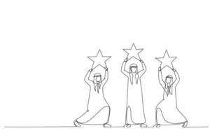 ilustración de un hombre de negocios árabe sosteniendo estrellas. Metáfora para la calificación de estrellas. estilo de arte de línea continua única vector