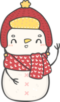 mignon sourire heureux noël hiver bonhomme de neige avec écharpe et chapeau dessin animé doodle dessin à la main png