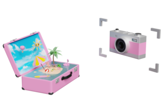 viagens de verão com câmera prata rosa, mala, cadeira de praia, ilha, câmera, guarda-chuva, flamingo inflável, coqueiro isolado. ilustração 3d do conceito ou renderização 3d