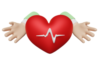 cartoon doctor two hands holding red heart and blood pressure heart rate isolated. health love or world heart day concept, 3d illustration or 3d render png