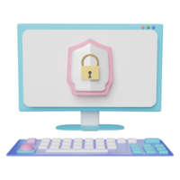 3d computer with golden lock, shield isolated. Internet security or privacy protection or ransomware protect concept, 3d render illustration png