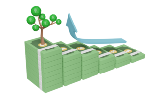 pilha de notas com árvore, seta isolada em rosa. sucesso financeiro e crescimento ou conceito de economia de dinheiro, ilustração 3d ou renderização 3d png