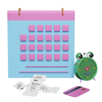 tekenfilm karakter alarm klok wakker worden tijd ochtend- met kalender, credit kaart, factuur of papier controleren ontvangst, ruimte geïsoleerd. concept 3d illustratie of 3d geven png