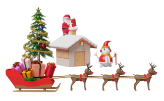 reindeer sleigh with santa claus, house, gift box, christmas tree isolated. website or poster or Happiness cards, banner and festive New Year, 3d illustration or 3d render