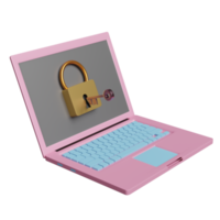 laptop computer with golden lock and copper key isolated. Internet security or privacy protection concept, Isometric 3d illustration or 3d render png