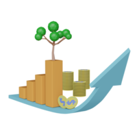 pila de monedas con árbol, flecha, gráfico de barras aislado. concepto de éxito financiero y crecimiento o ahorro de dinero, ilustración 3d o presentación 3d png