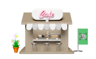 Letrero frontal de tienda 3d, cafetería con silla, escaneo de código qr, maceta aislada. concepto de compras en línea, renderizado de ilustración 3d png