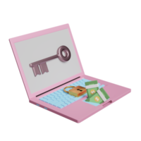 laptop computer with golden lock and copper key, banknote isolated. Internet security or privacy protection or ransomware protect concept, Isometric 3d illustration or 3d render png