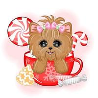 lindo perro yorkshire terrier en un tazón con dulces de navidad ilustración vectorial vector