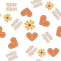 Love heart, daisies, waves of positivity retro 70s seamless pattern. Yellow, orange, red scattered heart shapes on a swirling background vector