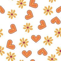 Love heart, daisies, waves of positivity retro 70s seamless pattern. Yellow, orange, red scattered heart shapes on a swirling background vector