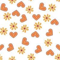 Love heart, daisies, waves of positivity retro 70s seamless pattern. Yellow, orange, red scattered heart shapes on a swirling background vector