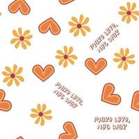 Love heart, daisies, waves of positivity retro 70s seamless pattern. Yellow, orange, red scattered heart shapes on a swirling background vector