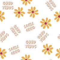 Love heart, daisies, waves of positivity retro 70s seamless pattern. Yellow, orange, red scattered heart shapes on a swirling background vector