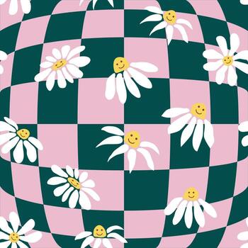 Retro Smile Chamomile Seamless Pattern on 1970 Wavy Swirl Seamless Pattern. Hippie Aesthetic. vector