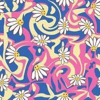 Retro Smile Chamomile Seamless Pattern on 1970 Wavy Swirl Seamless Pattern. Hippie Aesthetic. vector