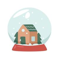 Winter in a glass ball. Winter house and firs and falling snow. vector