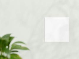 Square white frame mockup on white wall. Poster mockup. Clean, modern, minimal frame. Empty frame Indoor interior, show text or product. frame mockup with shadow and plant. 3d rendering. photo