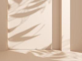 Natural shadow on a beige wall background for product presentation. Silhouette on beige background. Luxury summer architecture interior aesthetic. Modern tropical mockup design. 3d rendering. photo