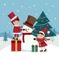 Cute Kids Making Snowman during Winter vector