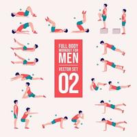 Workout men set. Male doing fitness and yoga exercises. Lunges and squats, plank and abc. Full body workout. vector