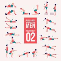 conjunto de hombres de entrenamiento. hombre haciendo ejercicios de fitness y yoga. estocadas y sentadillas, tablones y abc. entrenamiento de cuerpo completo. vector