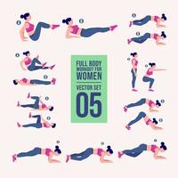 Women Workout Set. Women doing fitness and yoga exercises. Lunges, Pushups, Squats, Dumbbell rows, Burpees, Side planks, Situ ps, Glute bridge, Leg Raise, Russian Twist, Side Crunch .etc vector