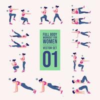 Women Workout Set. Women doing fitness and yoga exercises. Lunges, Pushups, Squats, Dumbbell rows, Burpees, Side planks, Situ ps, Glute bridge, Leg Raise, Russian Twist, Side Crunch .etc vector