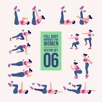 Women Workout Set. Women doing fitness and yoga exercises. Lunges, Pushups, Squats, Dumbbell rows, Burpees, Side planks, Situ ps, Glute bridge, Leg Raise, Russian Twist, Side Crunch .etc vector