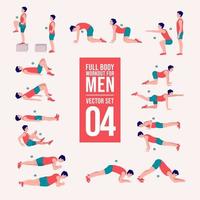 Workout men set. Male doing fitness and yoga exercises. Lunges and squats, plank and abc. Full body workout. vector