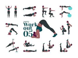 Women Workout Set. Women doing fitness and yoga exercises. Lunges, Pushups, Squats, Dumbbell rows, Burpees, Side planks, Situ ps, Glute bridge, Leg Raise, Russian Twist, Side Crunch .etc vector