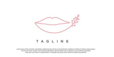 Lineart lips logo design with leaf element illustration vector