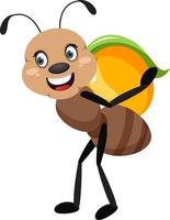 Ant with peach, illustrator, vector on white background.