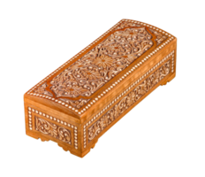A wooden casket with traditional artistic carving, isolated png