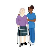 Nurse helps her grandmother to go to the walker. Caring for the elderly. Vector illustration in a flat style