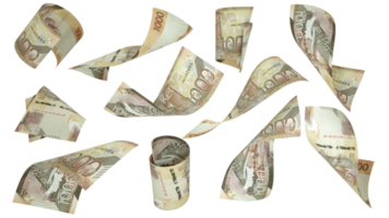 Representación 3d de billetes de 1000 chelines kenianos que vuelan en diferentes ángulos y orientaciones aislados en un fondo transparente png