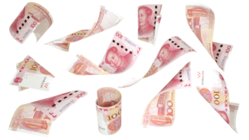 Rendu 3d de billets en yuan chinois volant dans différents angles et orientations isolés sur fond transparent png