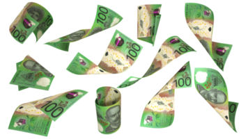 3D rendering of 100 Australian dollar notes flying in different angles and orientations isolated on transparent background png