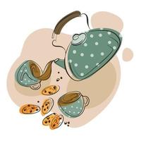 Teapot pours tea into a cup hand drawn cartoon vector illustration.Teapot with two cups and a cookie beautiful composition,emblem,print,logo template.Happy Tea Day