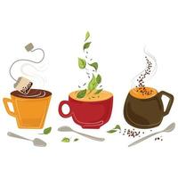 conjunto de té diferente en tazas con cucharaditas aisladas en la ilustración de vector de fondo blanco. diferentes tipos de té en tazas de colores, hoja, en bolsita, granulado.