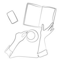 Top view female hands holding an open book continuous line drawing vector illustration. Table with Cup of coffee or tea and a smartphone lying next to it. coffee break with book