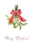 Hand drawn watercolor Christmas card with white mistletoe and a red ribbon. Cute watercolor Merry Christmas card. vector