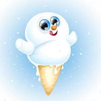 Cute Christmas smiling and licking lips little snowman in ice cream cone under winter snowfall vector