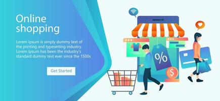 Illustration of shopping in an online store looking for discounts Suitable for landing page, flyers, Infographics, And Other Graphic Related Assets-vector vector