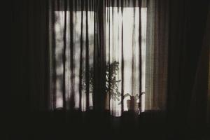 una ventana iluminada ligeramente borrosa y cortinas con macetas de flores sobre un fondo negro oscuro. foto