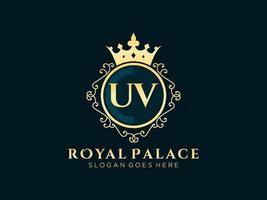 Letter UV Antique royal luxury victorian logo with ornamental frame. vector