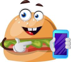 Burger con celular, ilustración, vector sobre fondo blanco.