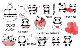 bebé panda día de san valentín conjunto ilustración vectorial vector